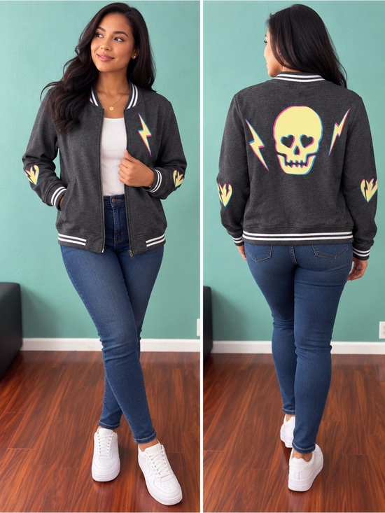torrid Jackets & Blazers - Torrid Relax Bomber Jacket Everyday Fleece Love Stick Skull Bolt Charcoal 2 (2X)